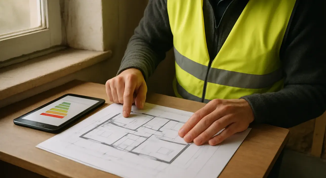 Plans de rénovation énergétique examinés dans une maison lors d’un audit.