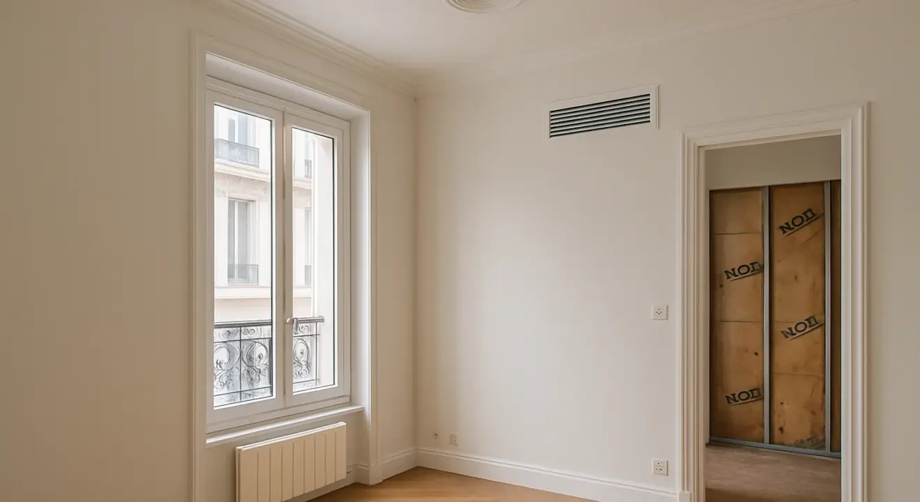 Pièce rénovée avec une entrée d’air près de la fenêtre et une bouche de ventilation au plafond.